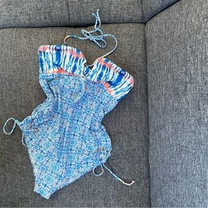 A Pea In The Pod Maternity One Piece Swimsuit Blue Orange Ruched Pattern Small S